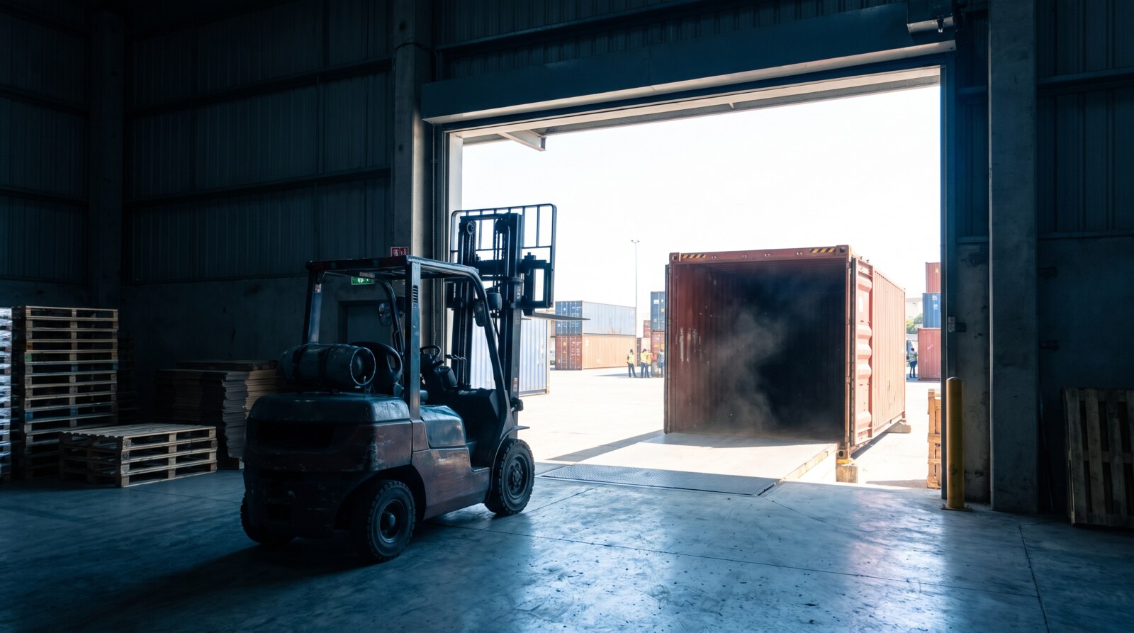 A container backed up to the loading bay of the warehouse, seen from inside