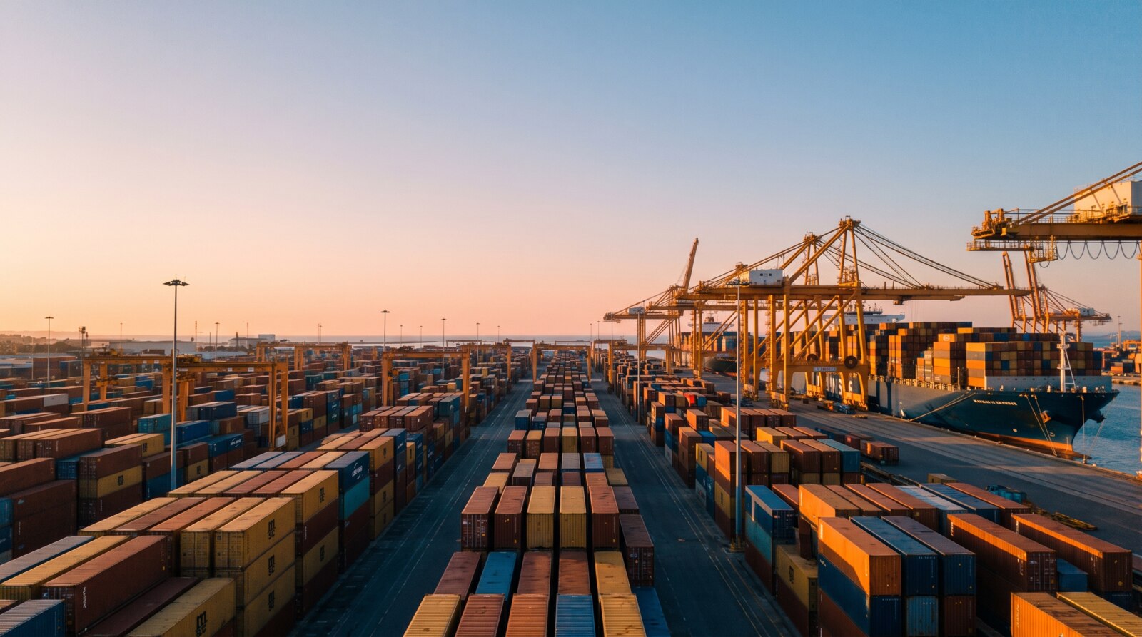 Container terminal at golden hour, stacked containers and gantry cranes