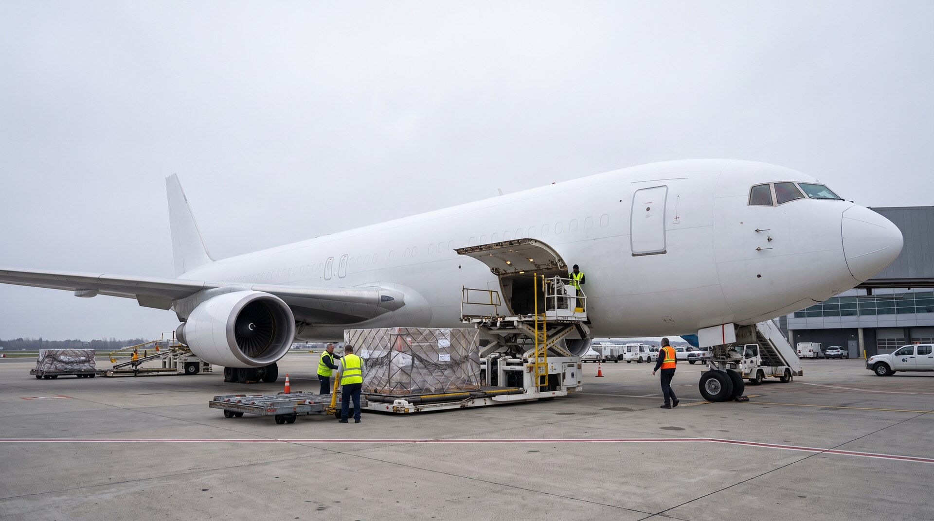 Freighter aircraft being loaded with air cargo pallets