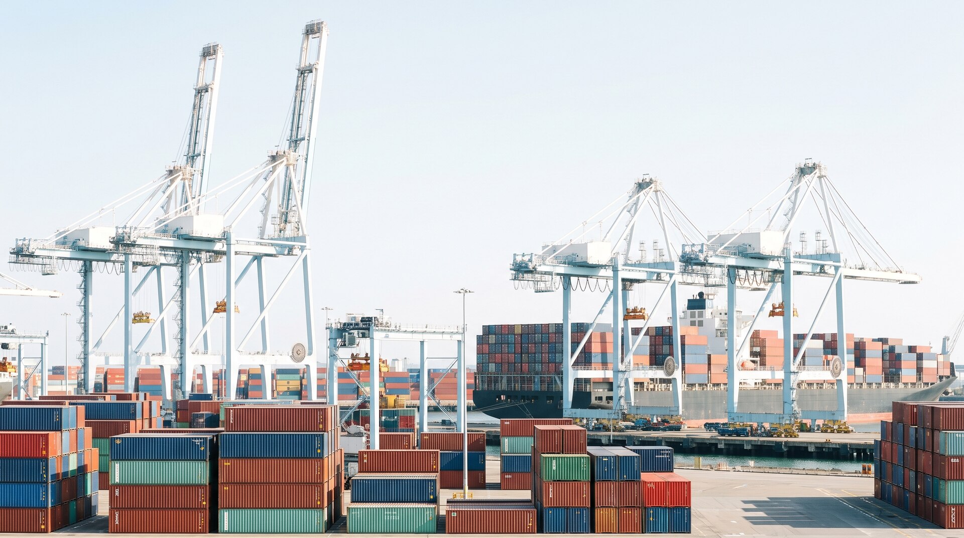 Gantry cranes and stacked containers at a container terminal
