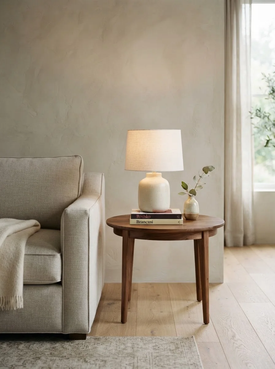 The Ashley Collection — a linen sofa vignette with a walnut side table