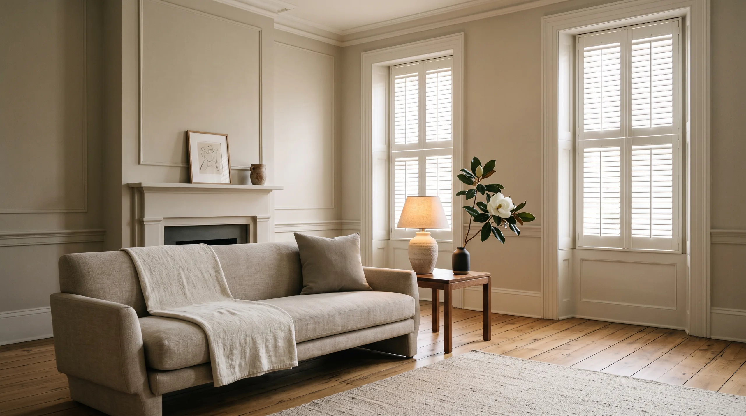 A serene Charleston living room with a linen sofa in soft morning light