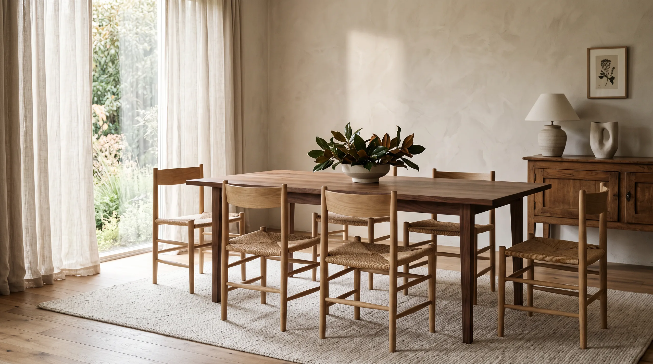 A warm, light-filled dining room with a solid walnut table