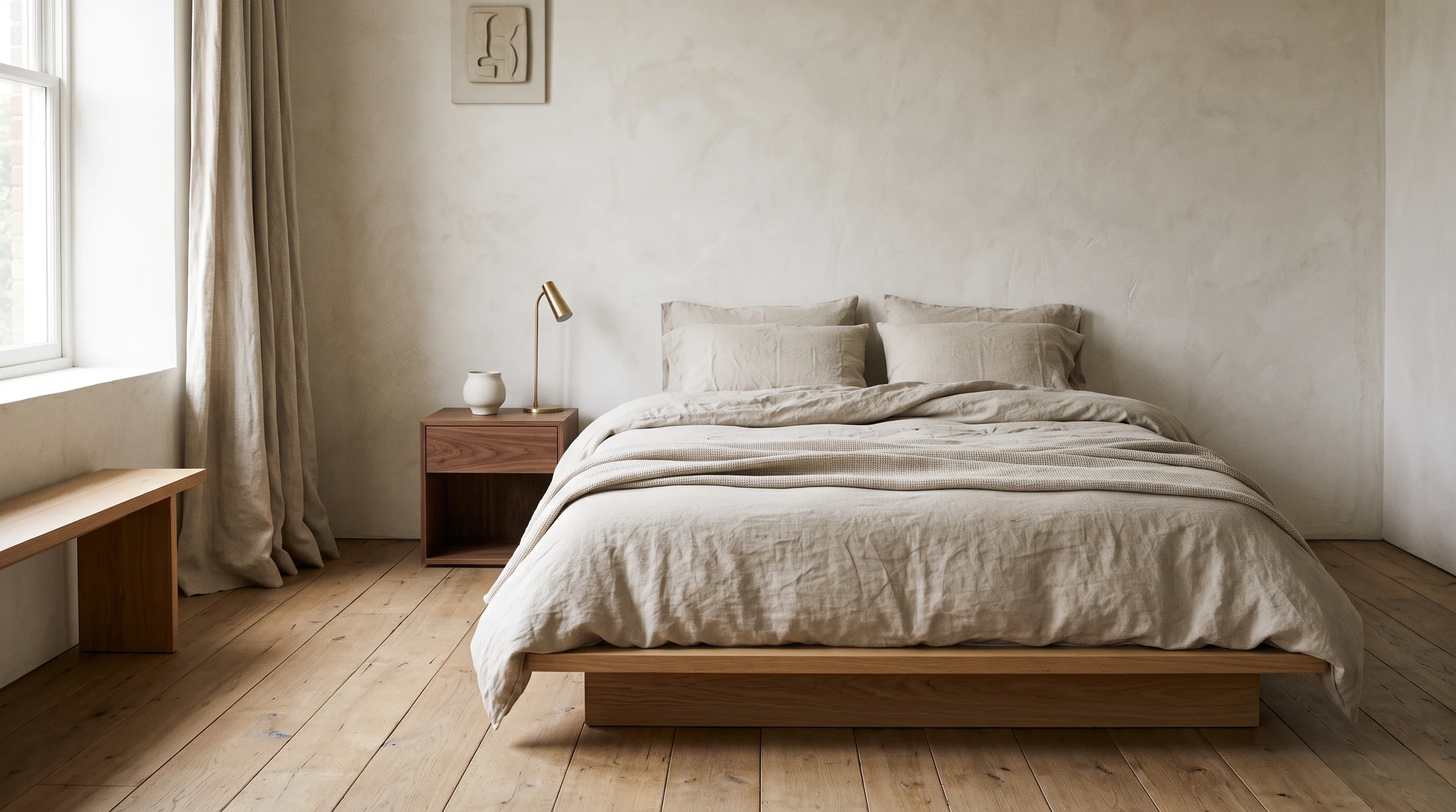 A serene bedroom with a white-oak bed and Belgian linen bedding