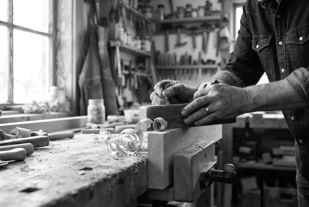 A furniture maker's hands hand-planing white oak in the Charleston atelier