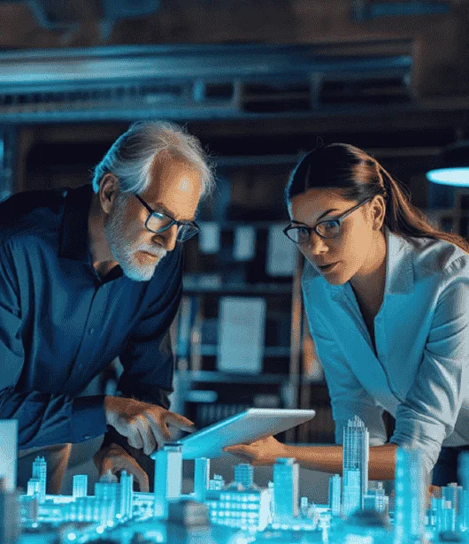 Two OnIndus advisory consultants reviewing capital project data on a tablet