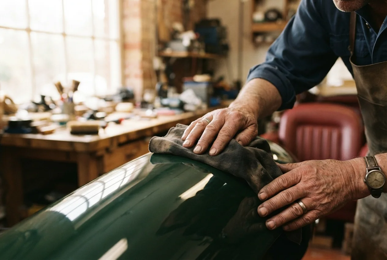 A master craftsman hand-finishing a classic car fender