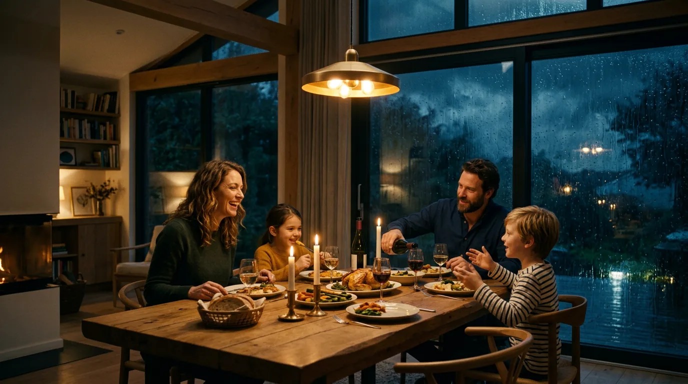 A family dinner during a blackout, then fully lit