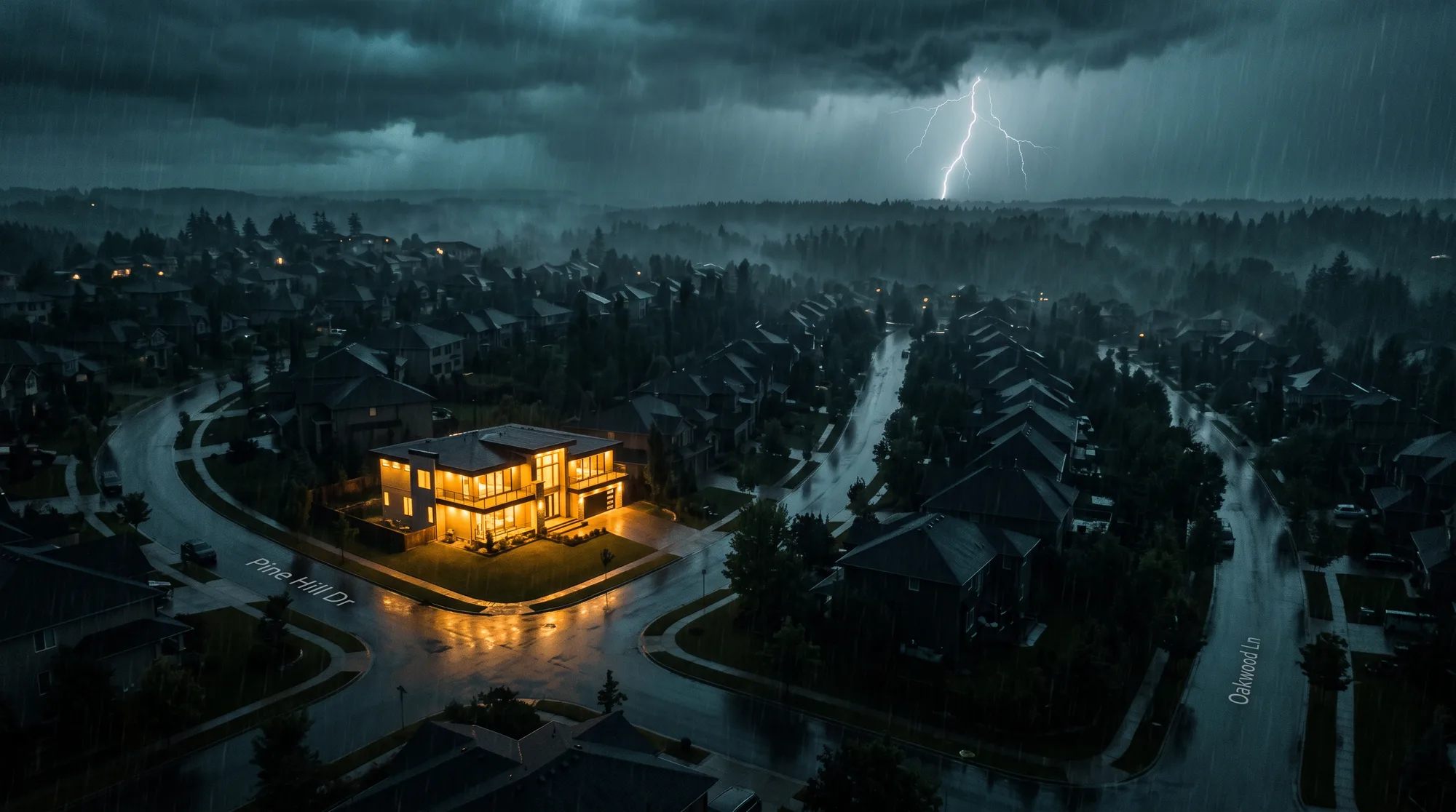 An upscale neighborhood dark in a storm, with one home still glowing warm