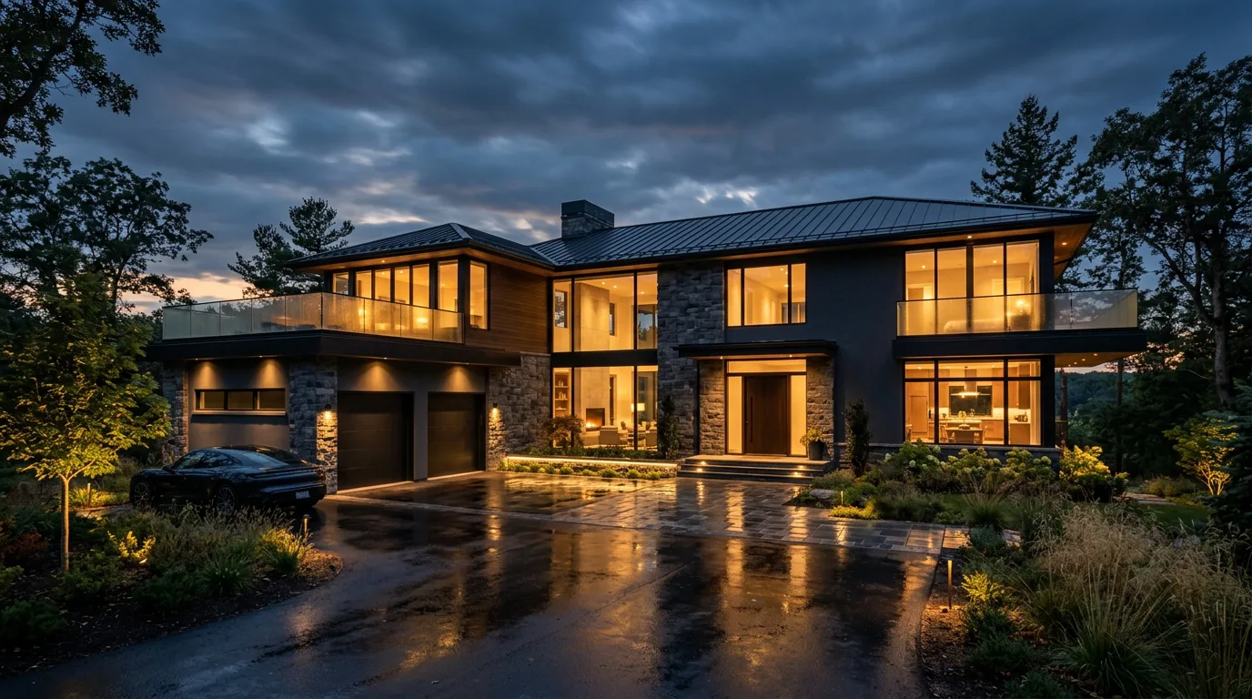 A luxury home glowing warmly at dusk
