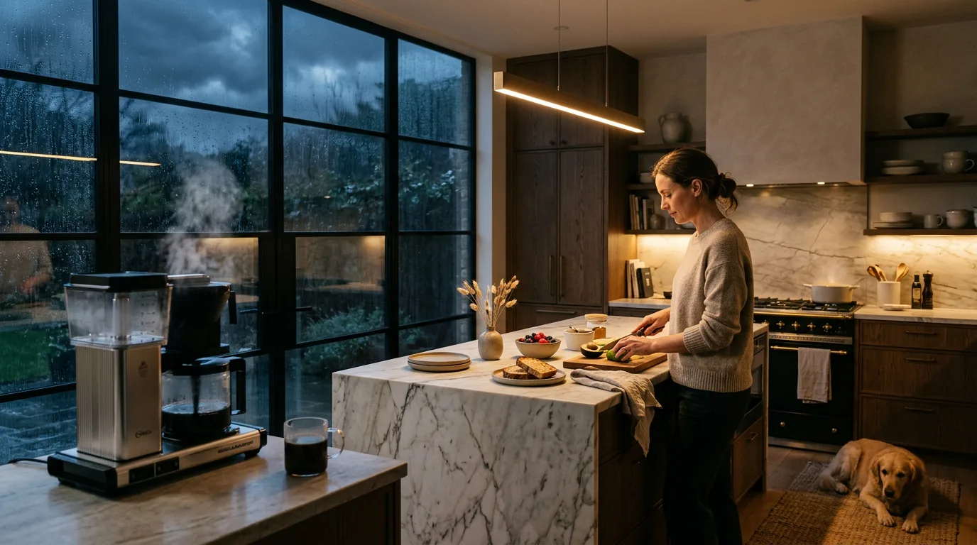 A calm luxury kitchen, coffee brewing while a storm rages outside