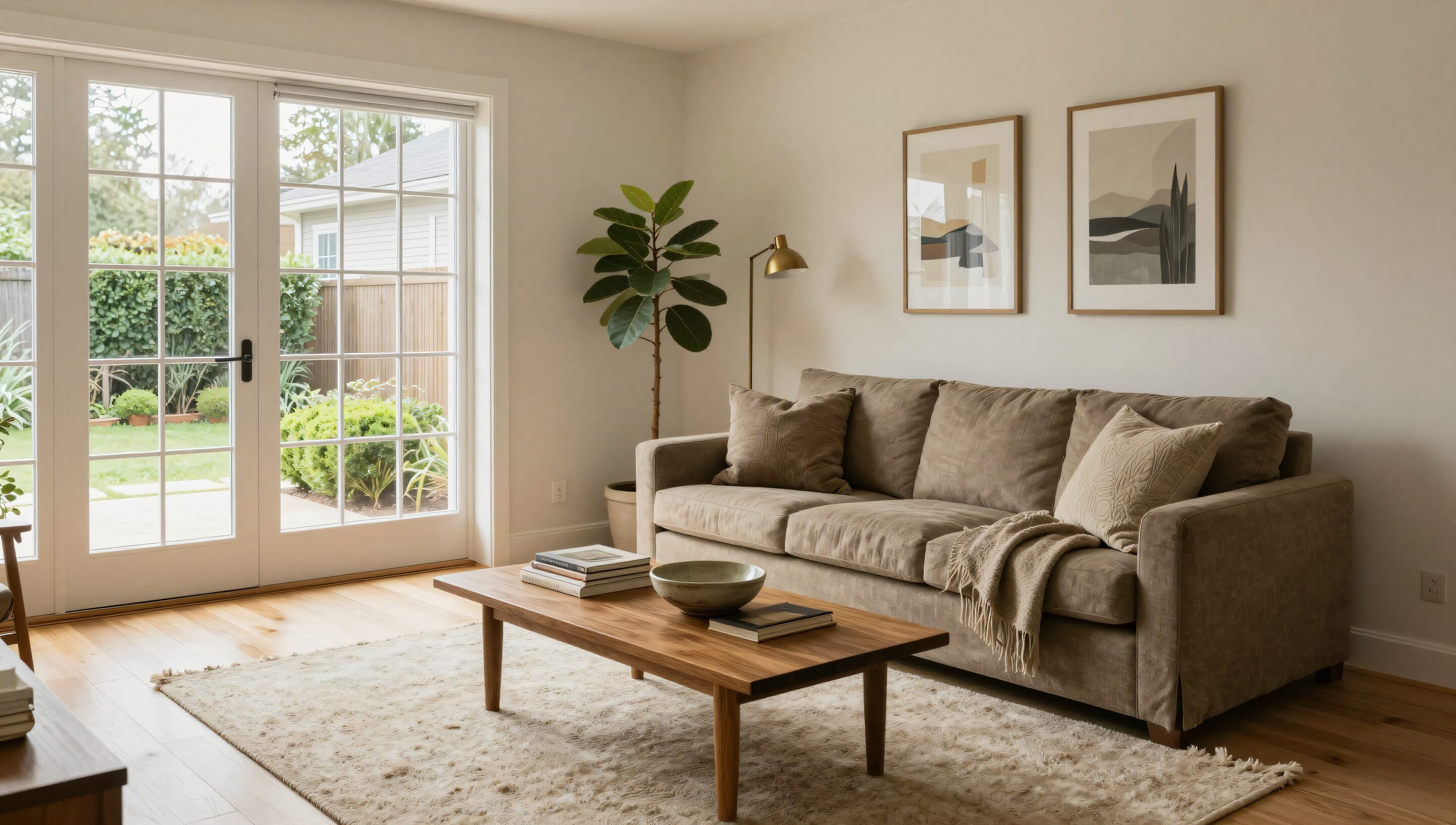 A furnished living room in still afternoon light, the garden doors open to the yard.