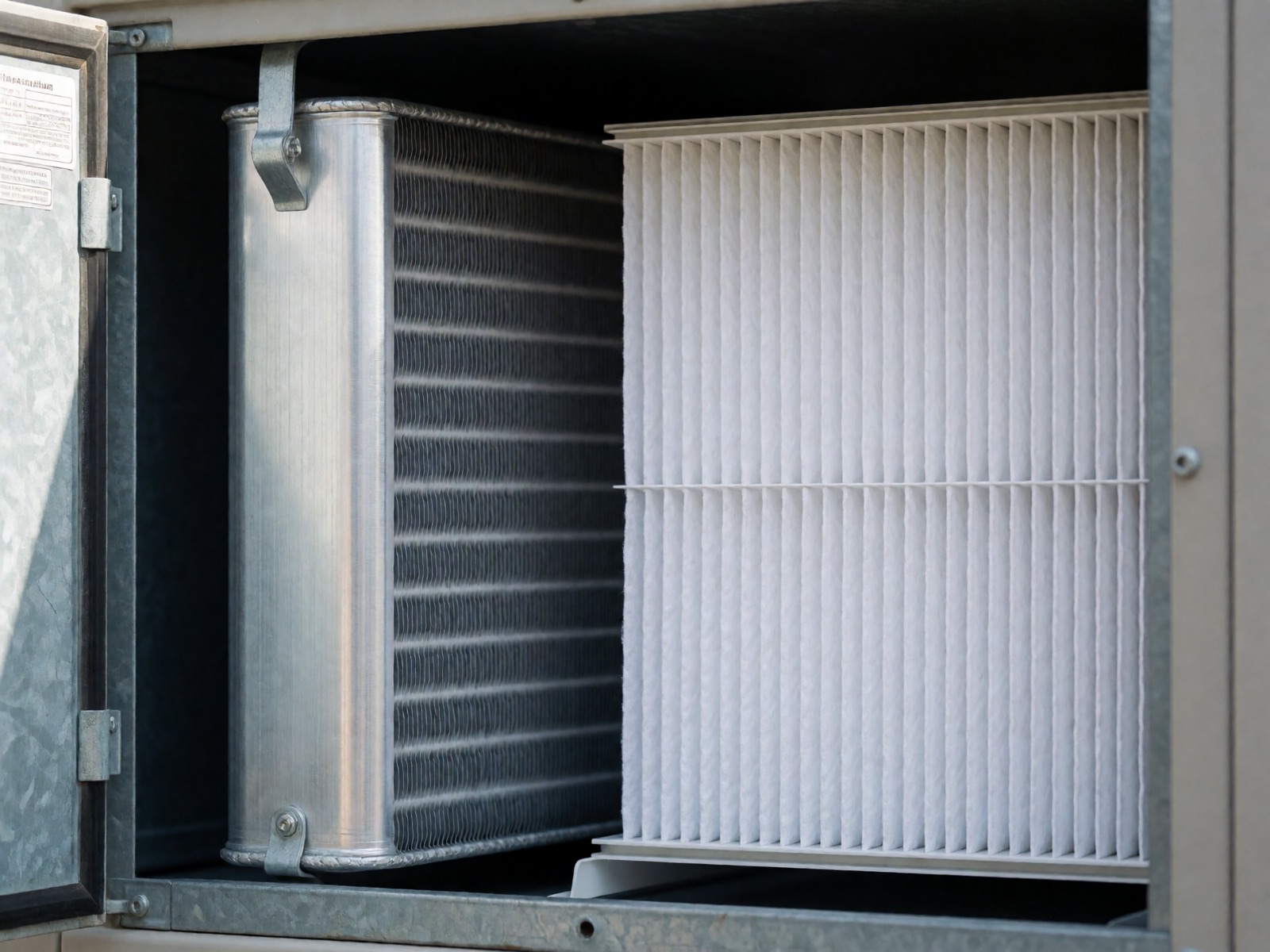 A clean evaporator coil and a new pleated filter inside an open air handler.