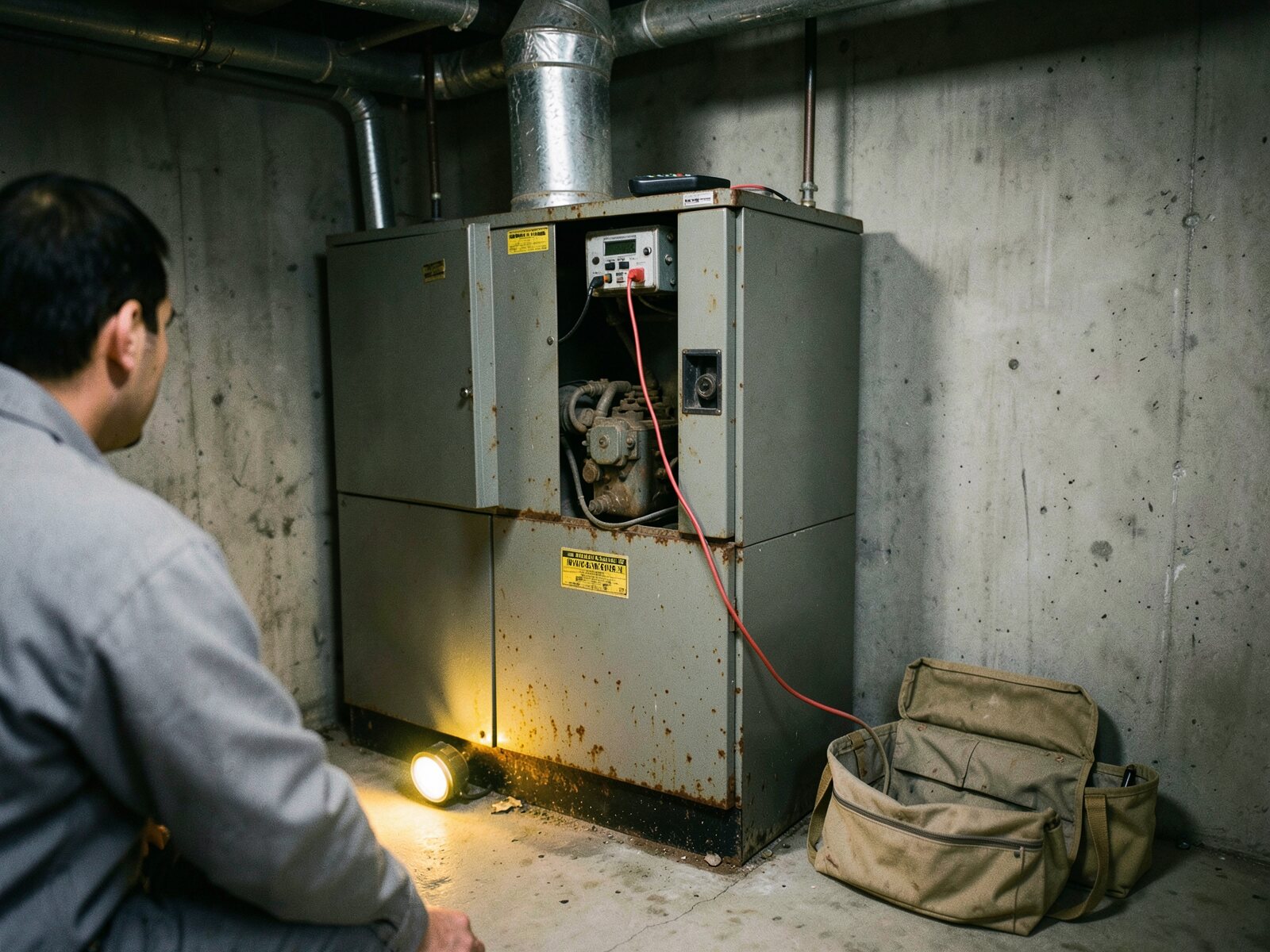 An aging furnace with its access panel removed, a meter's test lead run into the open compartment and a work light on the basement floor, while a technician kneels to look at it.