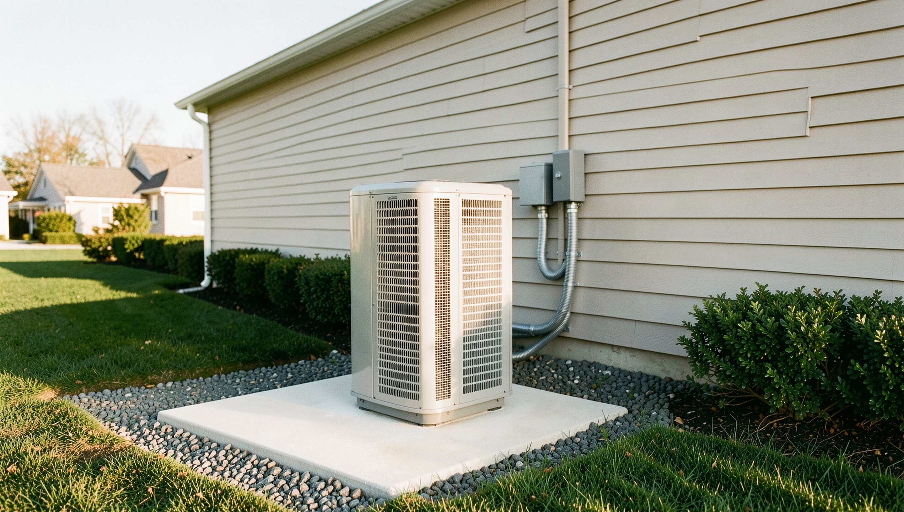 A newly installed outdoor condenser standing square on a fresh concrete pad beside the house, its line set run tidily into the wall, in early morning light.