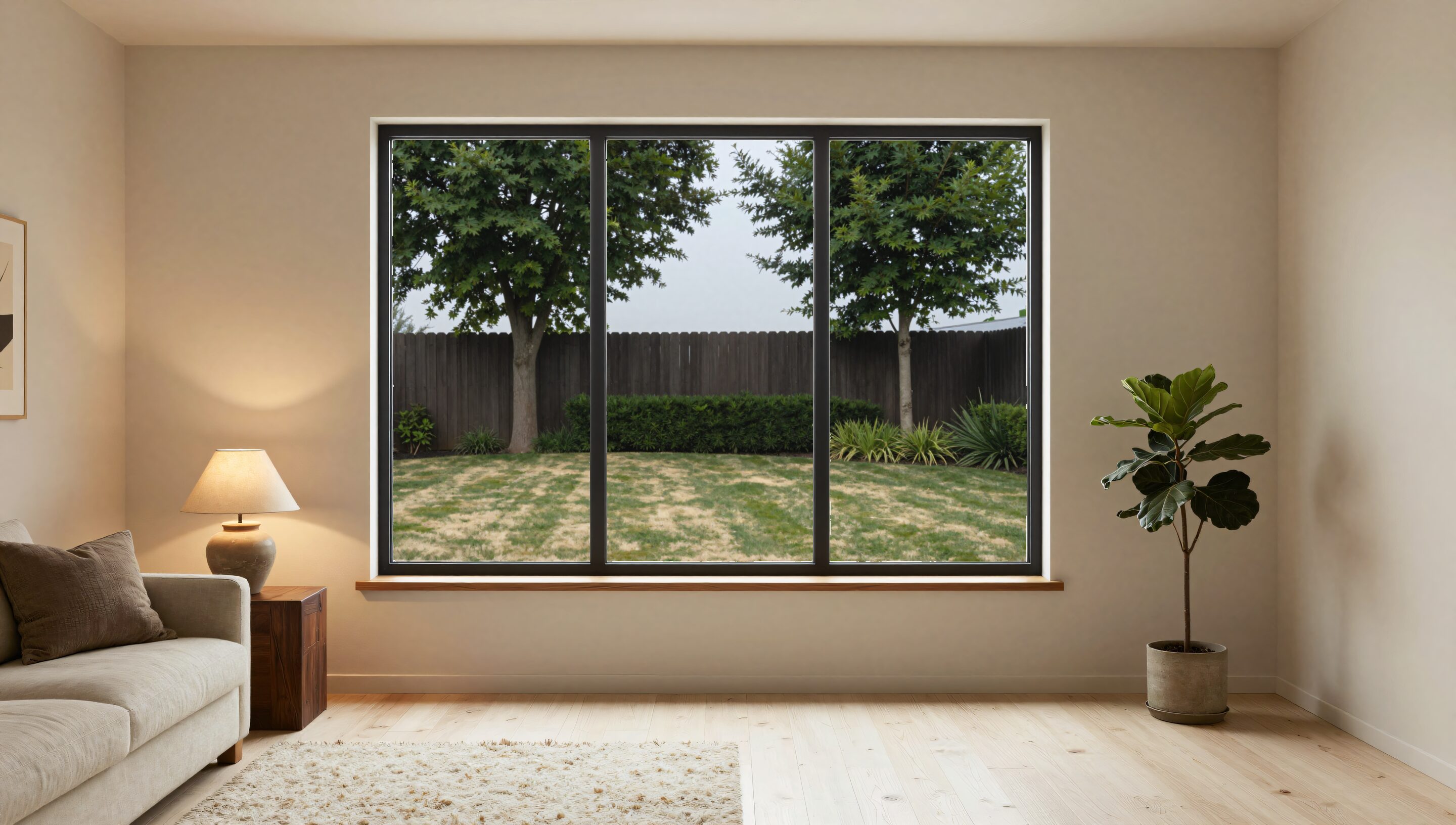 The same window and the same garden in high summer, the grass parched and still.