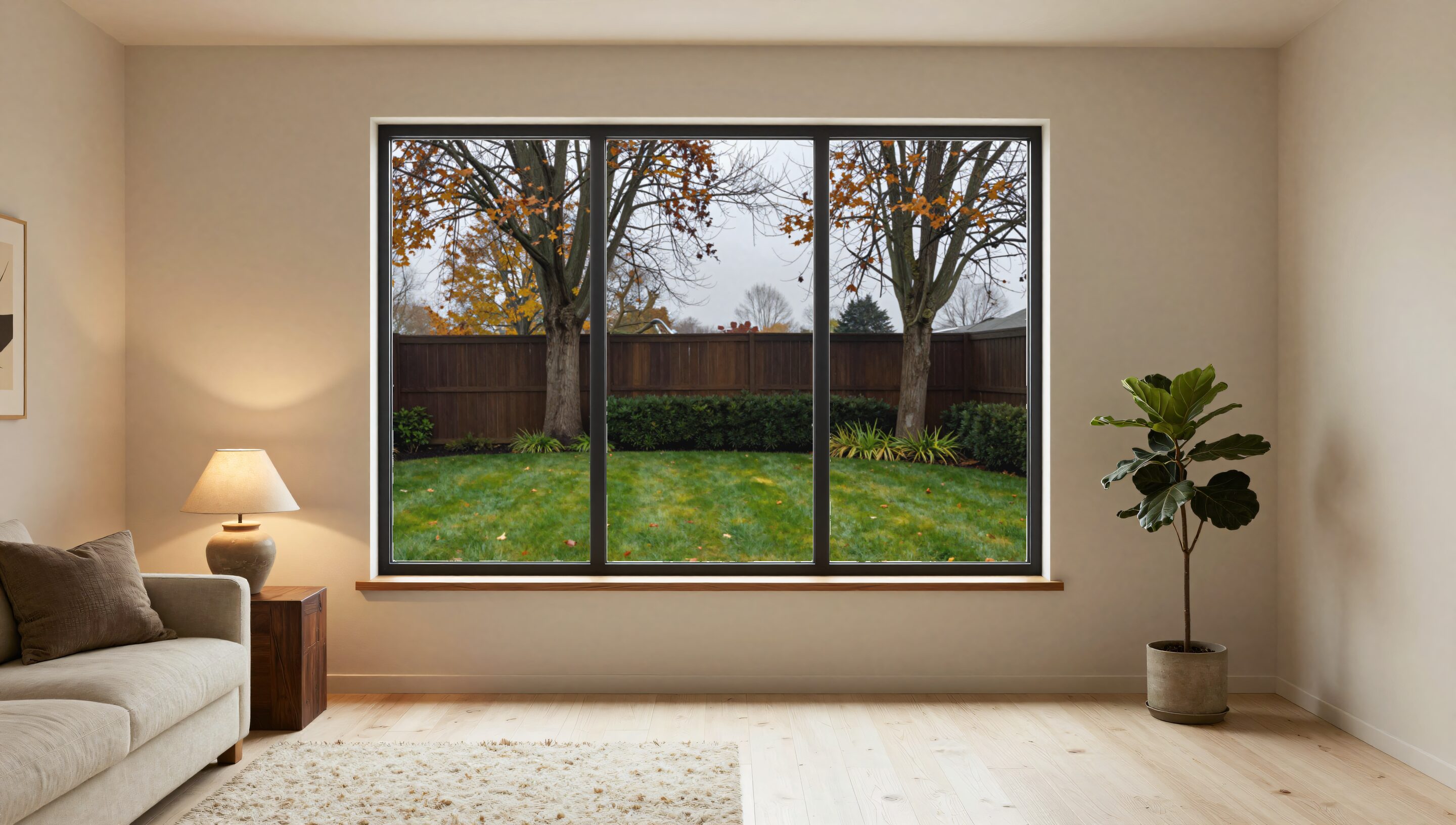 The same window and the same garden in mid-autumn, soaked after days of rain.