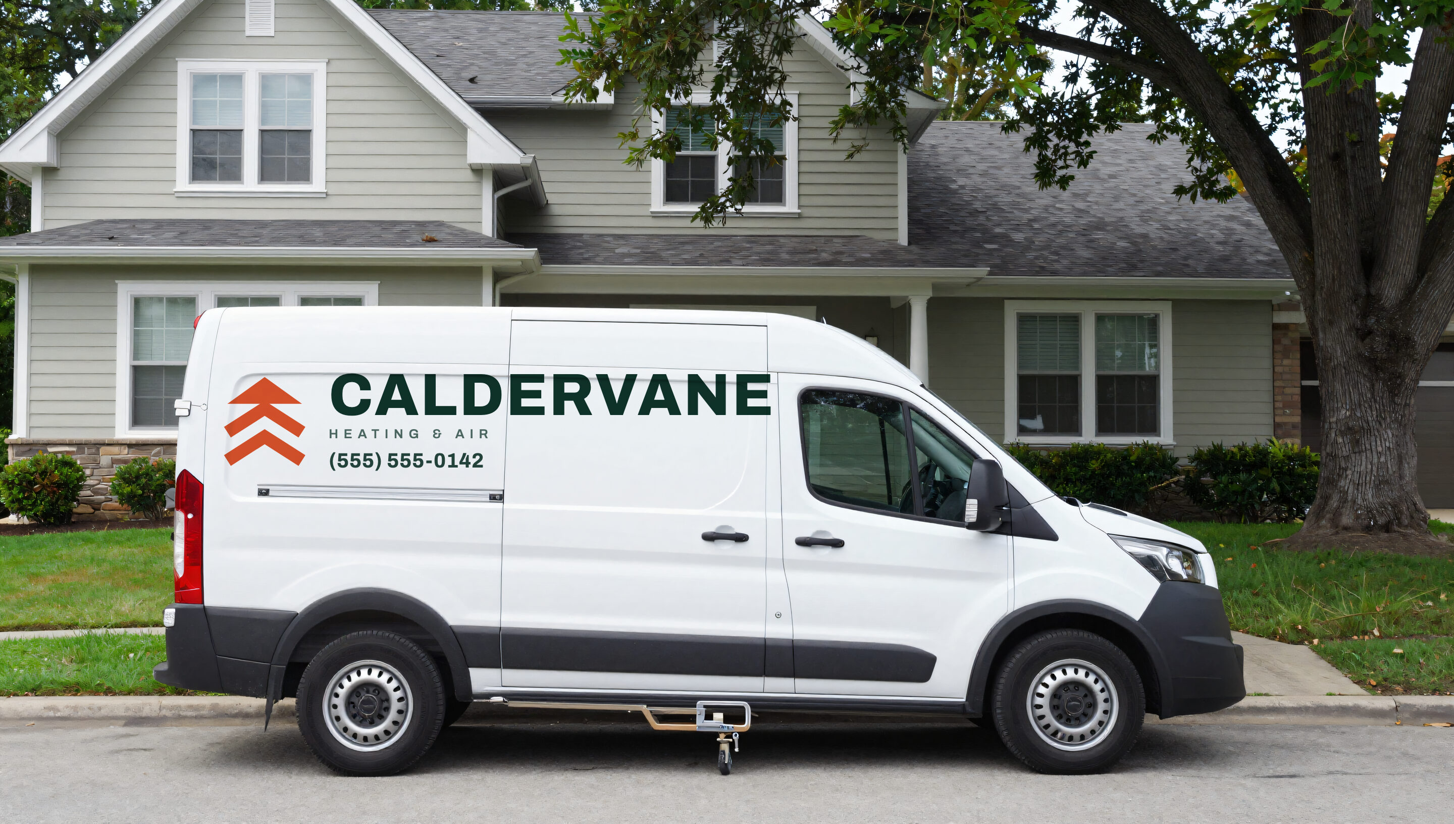 The company van parked at the curb outside the house before the work starts.