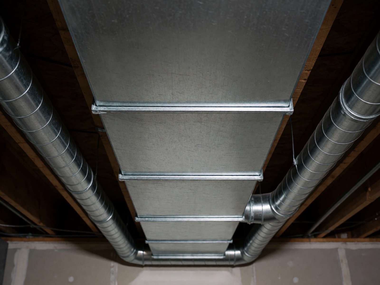 A straight, sealed run of new sheet-metal duct between joists.