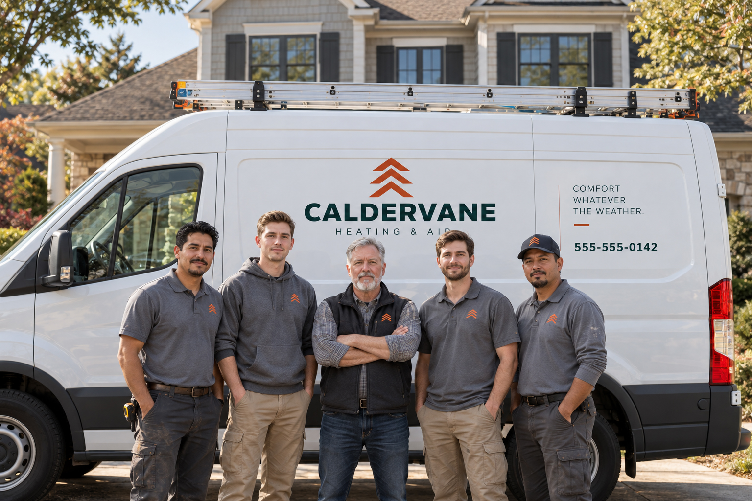 Five members of the Caldervane crew in matching gray workwear, standing in front of the marked company van on the driveway of a suburban home.