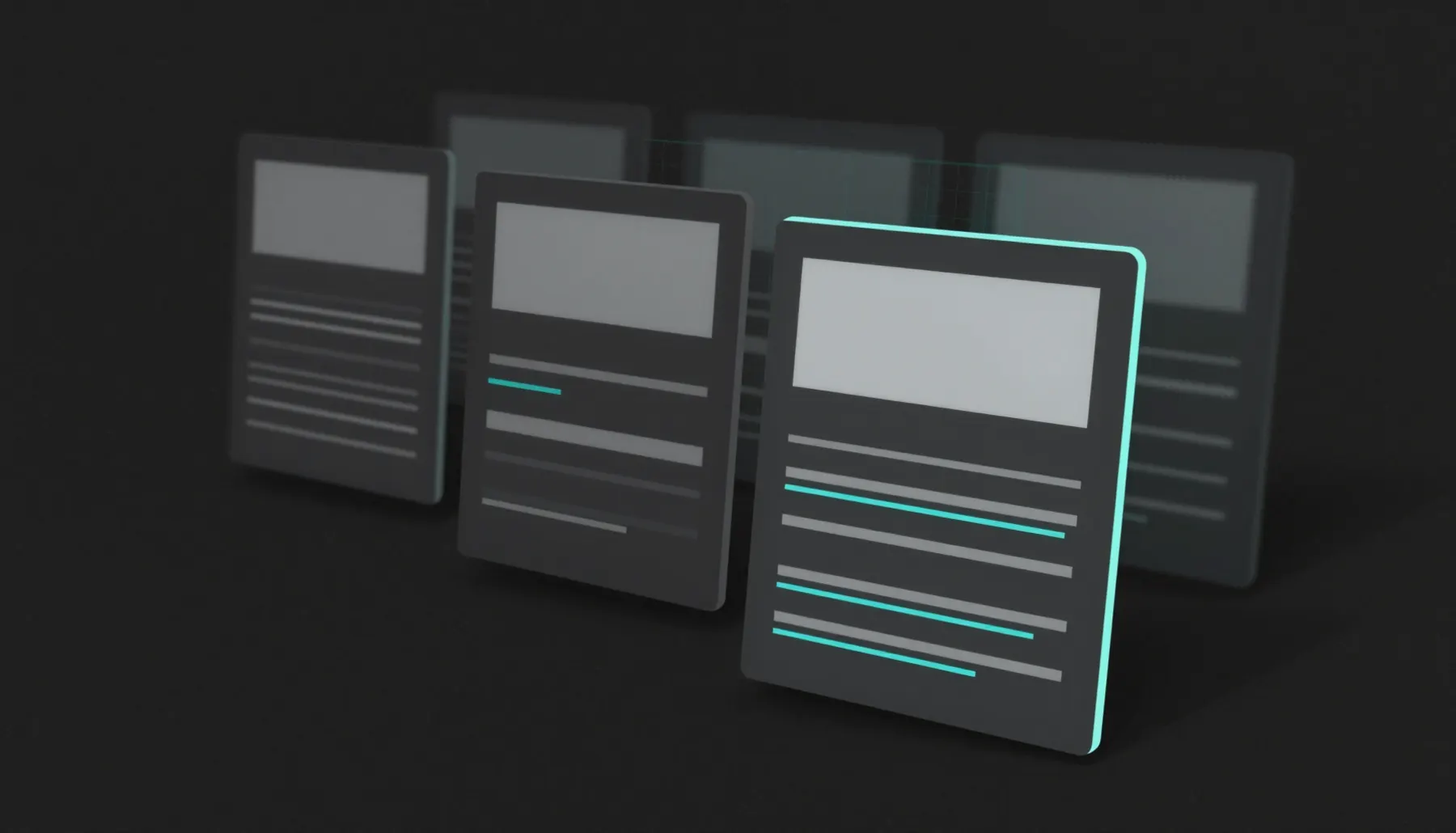 Several article cards receding into darkness, each showing an image block above bars standing in for lines of text, the nearest one outlined in teal