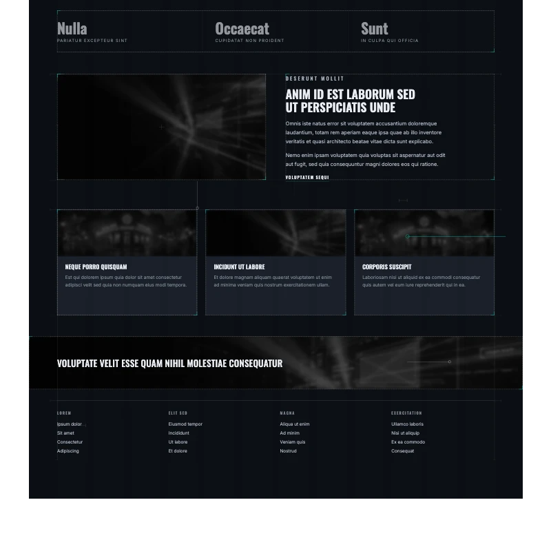 The same page under construction at phone width: its component outlines, twelve-column grid and alignment guides over a desaturated layout