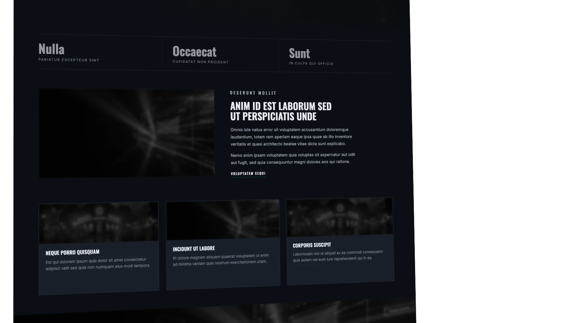 A website under construction, drawn as an architectural blueprint: the page turned in shallow perspective with its twelve-column grid reading through, each major component — hero, figures row, editorial columns, card row and footer band — outlined where it sits with teal corner marks, and the photography held far back so the structure is the subject
