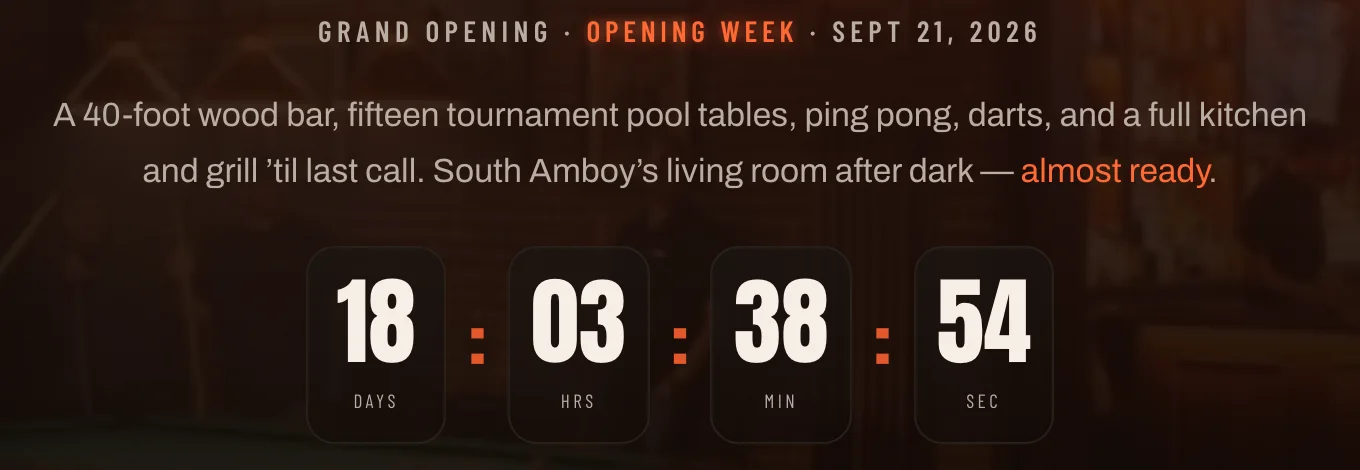 The grand opening date — Opening Week, September 21 2026 — above a live countdown reading 18 days, 3 hours, 38 minutes