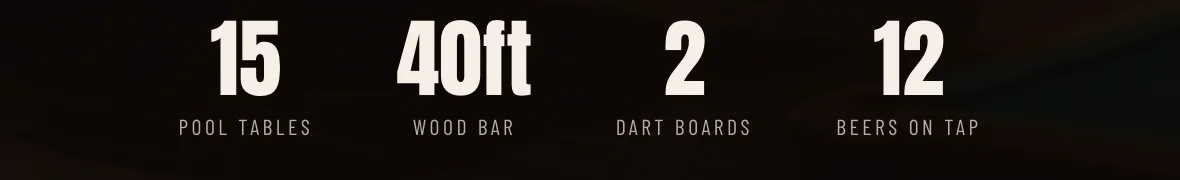 Four counts published on the launch page: 15 pool tables, a 40ft wood bar, 2 dart boards, 12 beers on tap