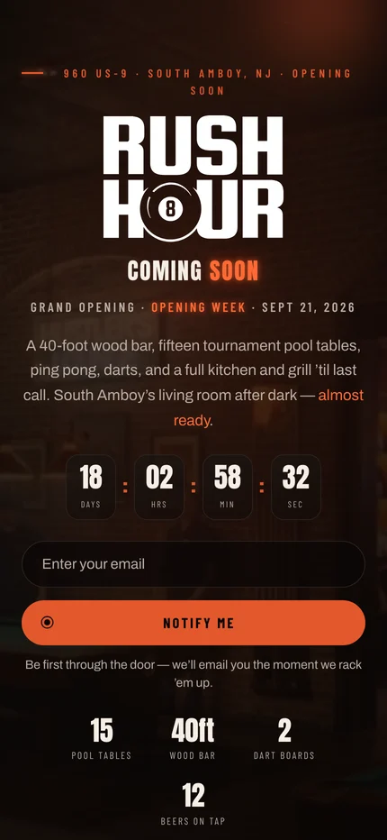 The Rush Hour launch page on a phone: the wordmark, “Coming Soon”, the grand opening date of September 21 2026, the live countdown, the email capture and the venue counts