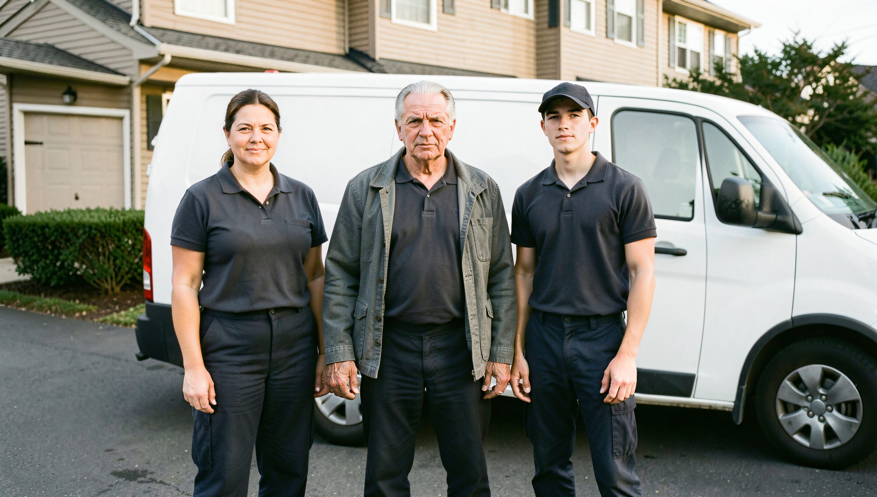 Three plumbers in matching charcoal work polos standing in front of a plain white service van on a suburban driveway in the morning.