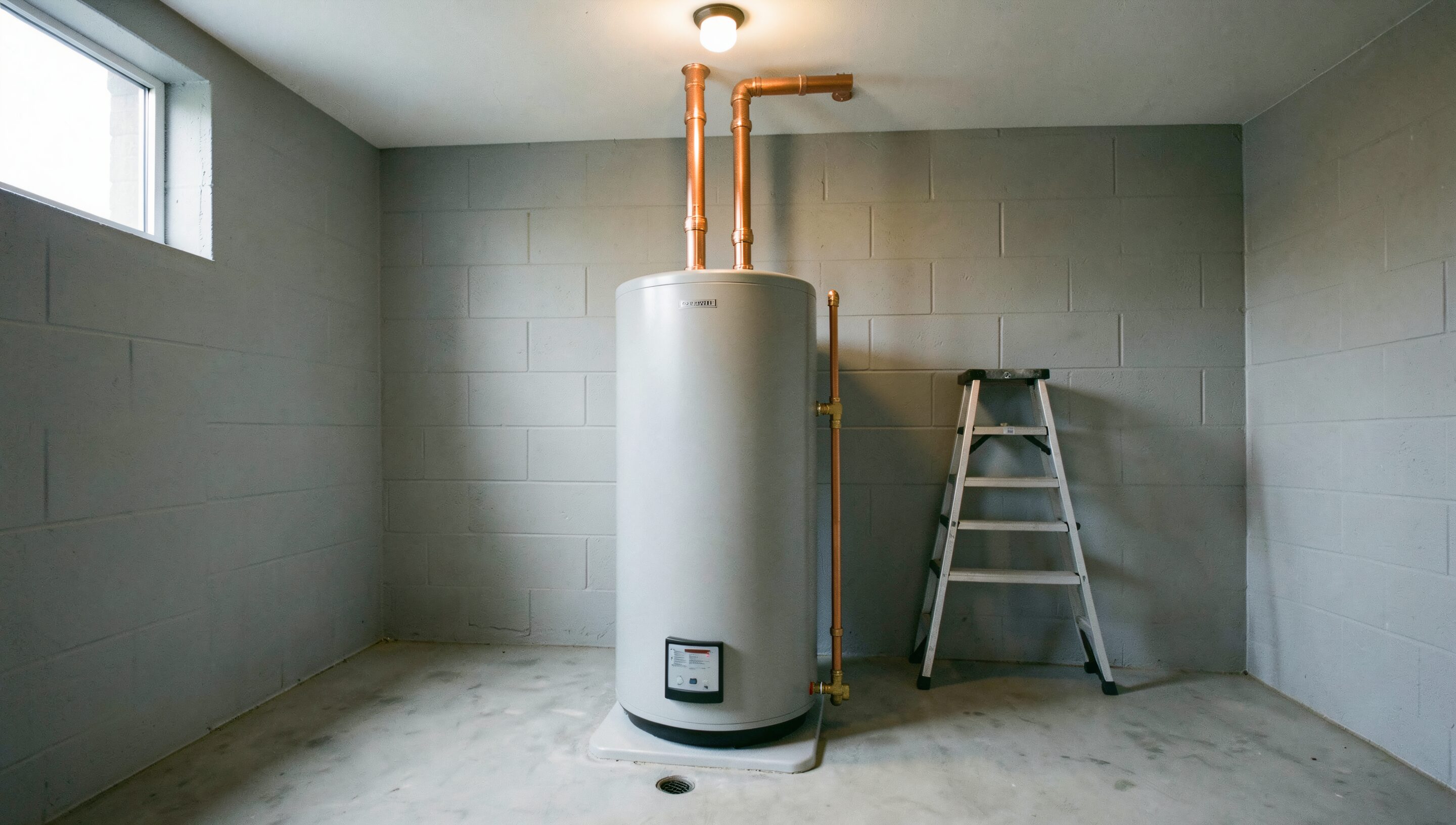 A tank water heater in a utility room, copper supply lines rising to the ceiling and a relief line running down to terminate near the floor.