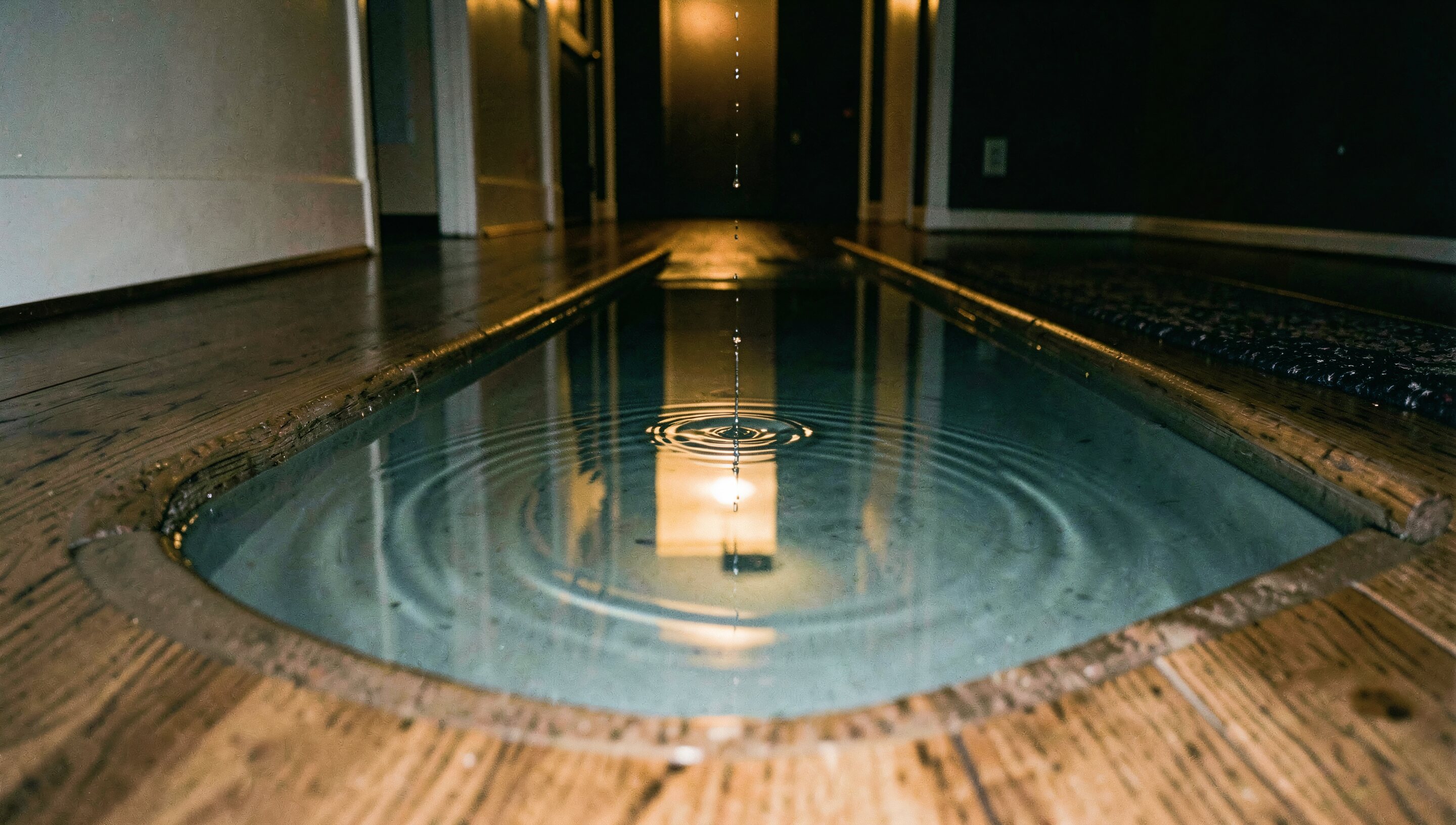 Standing water across a hardwood hallway floor at night, rippling under a drip from the ceiling.