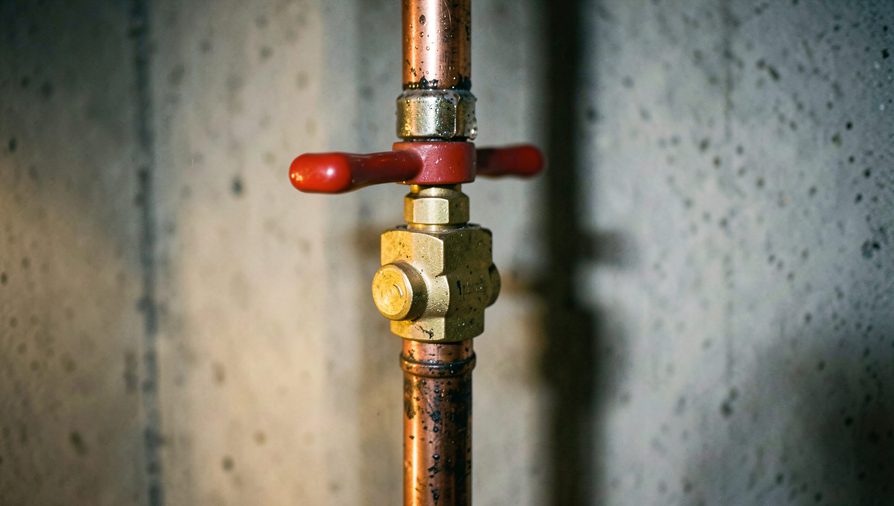 A brass quarter-turn valve on a copper riser, its red handle turned across the pipe.