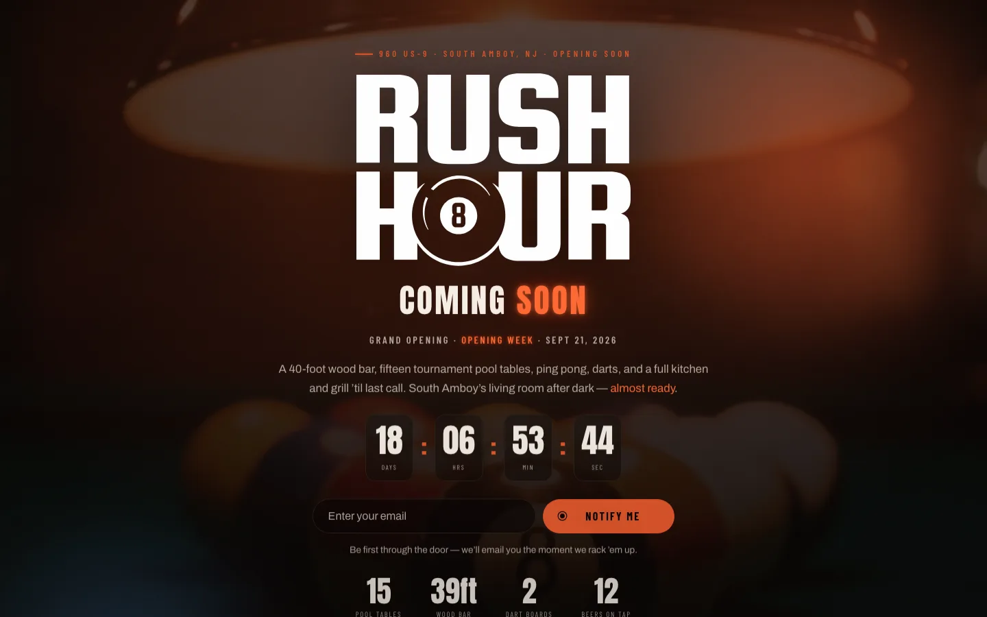 The Rush Hour launch page: the eight-ball wordmark over a darkened pool table, with the opening date and a countdown