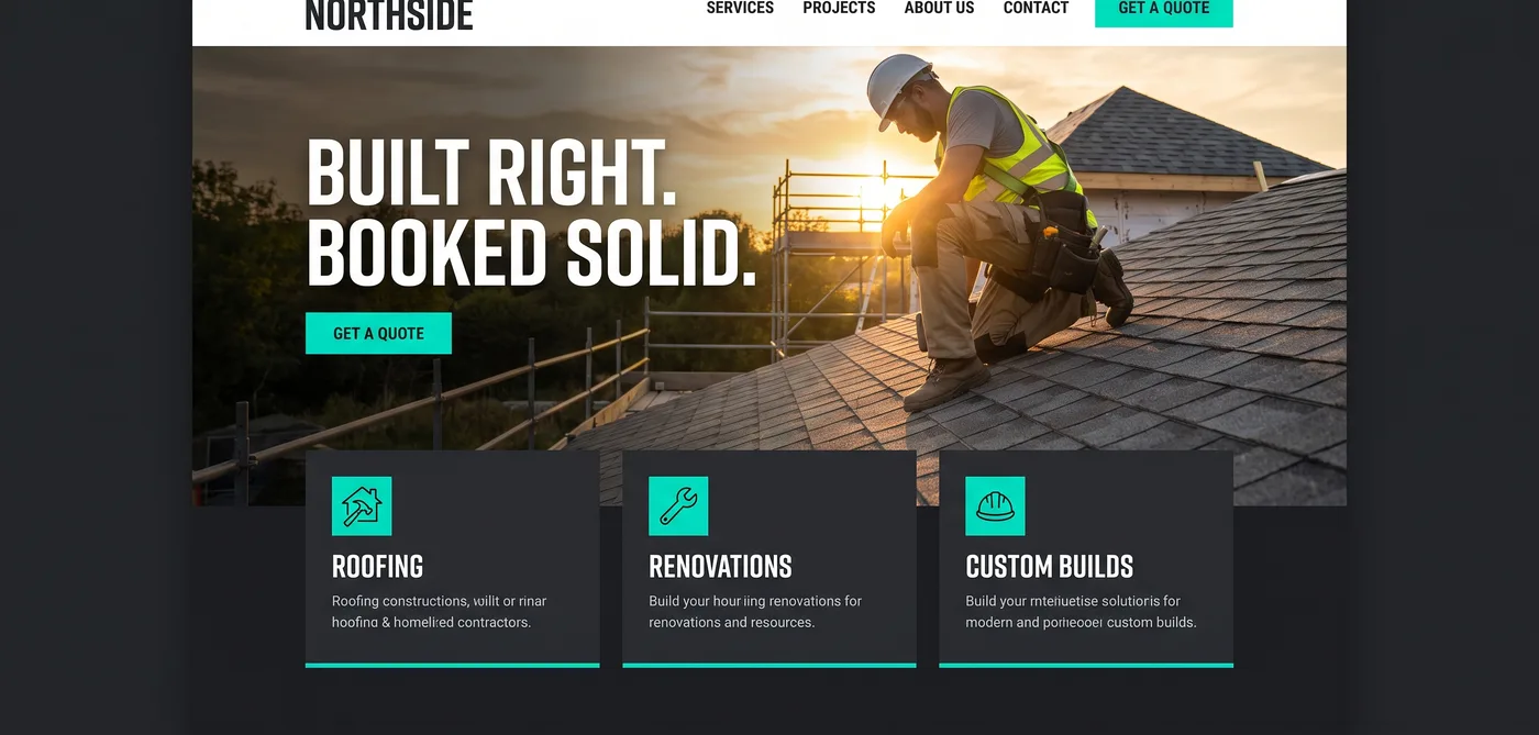 A rebuilt construction company website with a full-width hero and three service panels beneath it