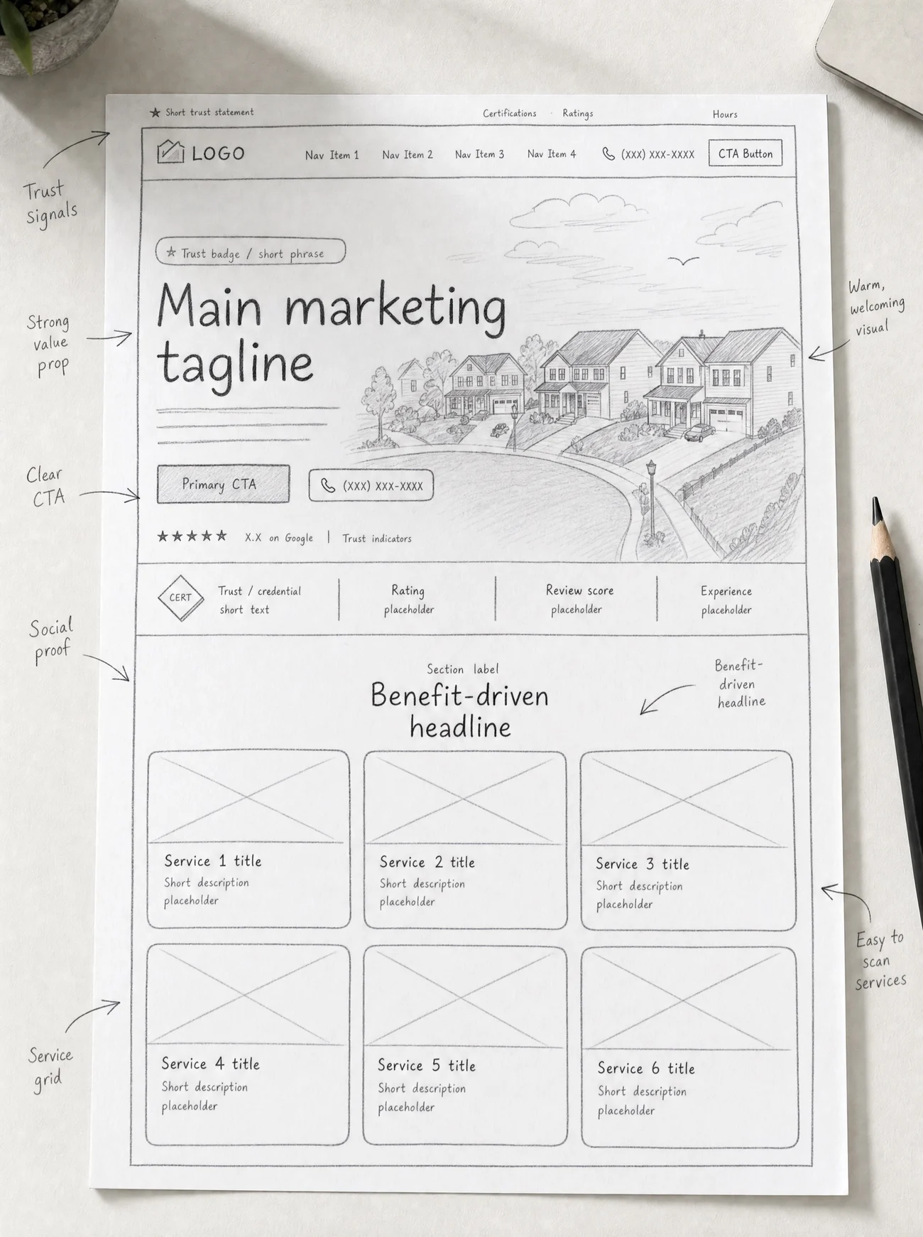 Hand-drawn wireframe sketch of the website