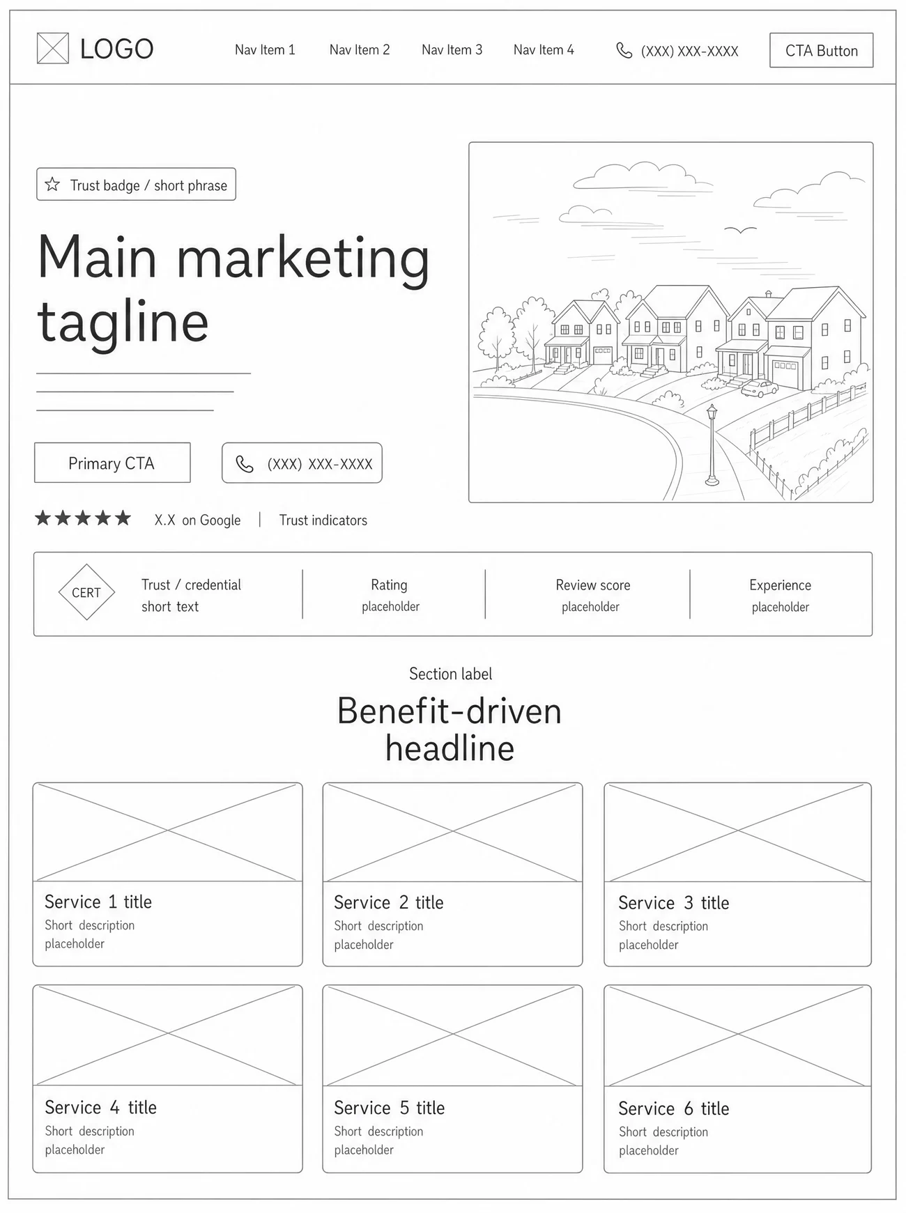 Grayscale wireframe of the website