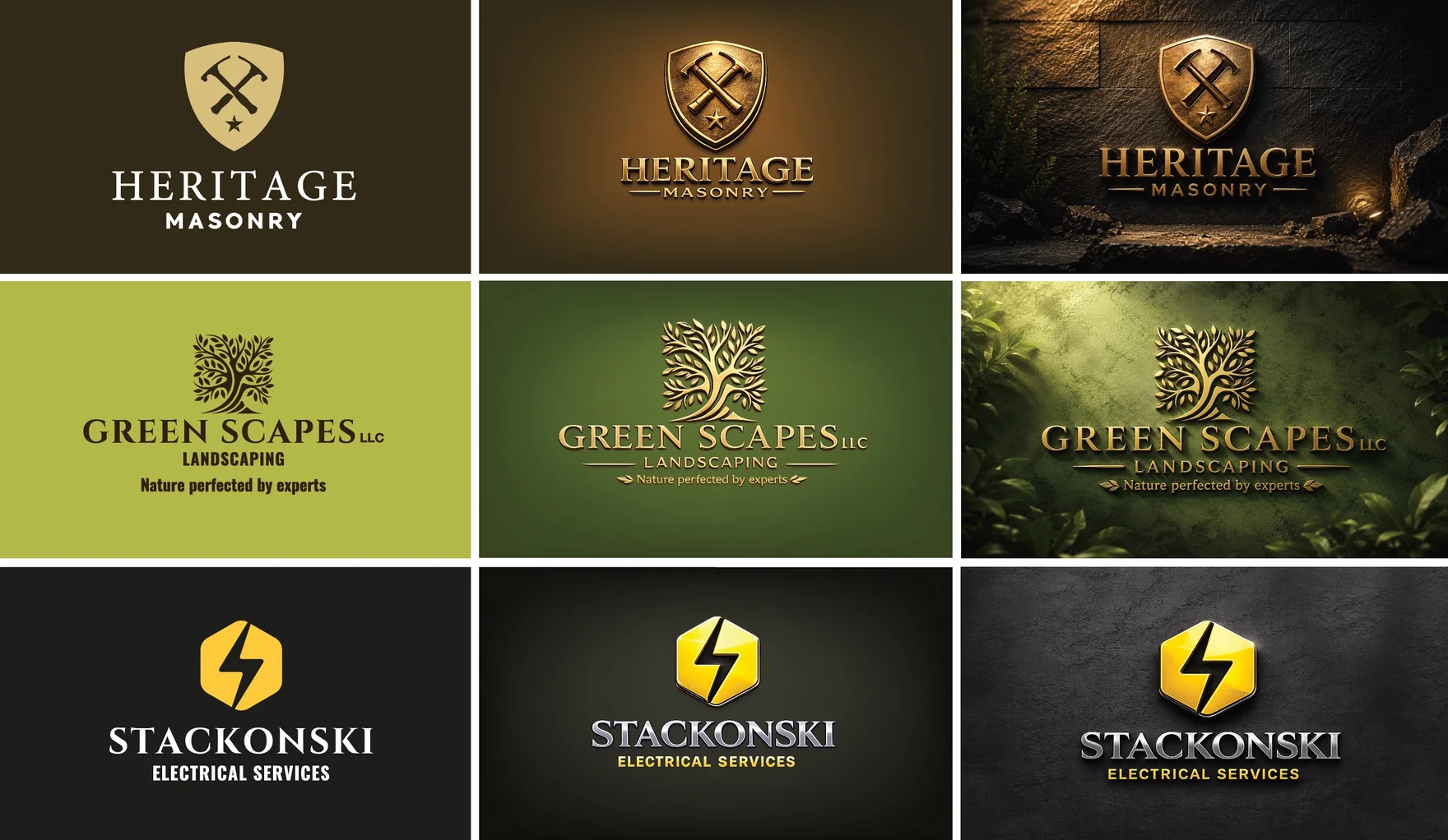 The same logo shown three ways for three brands — flat, rendered as a glossy 3D mark, and applied to real-world surfaces like stone, foliage and slate