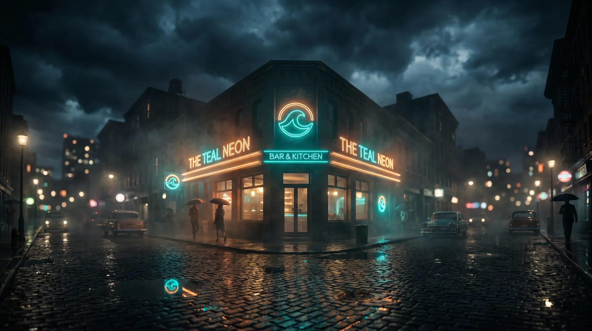 A bar and kitchen lit by neon signage on a wet city corner at night, visible from across the street