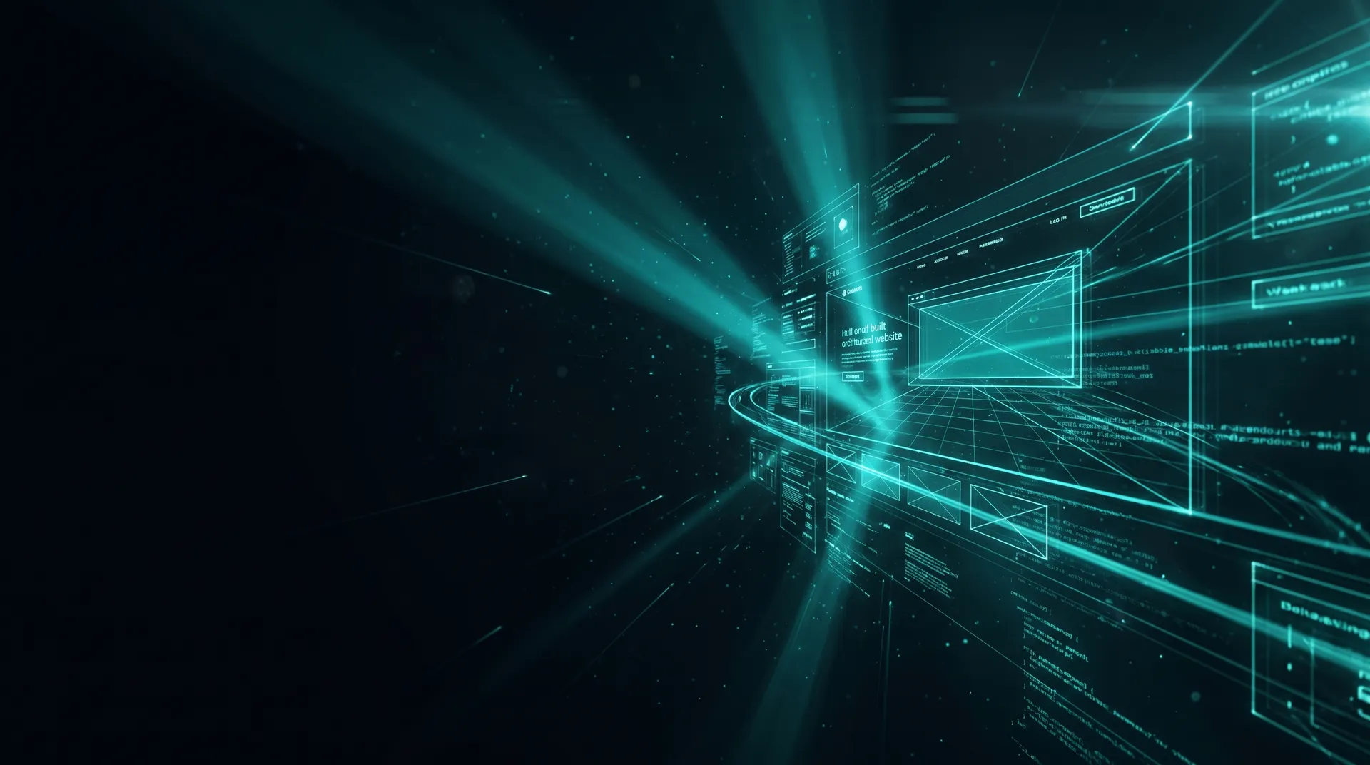 Streams of teal light converging into browser interface panels against a dark background