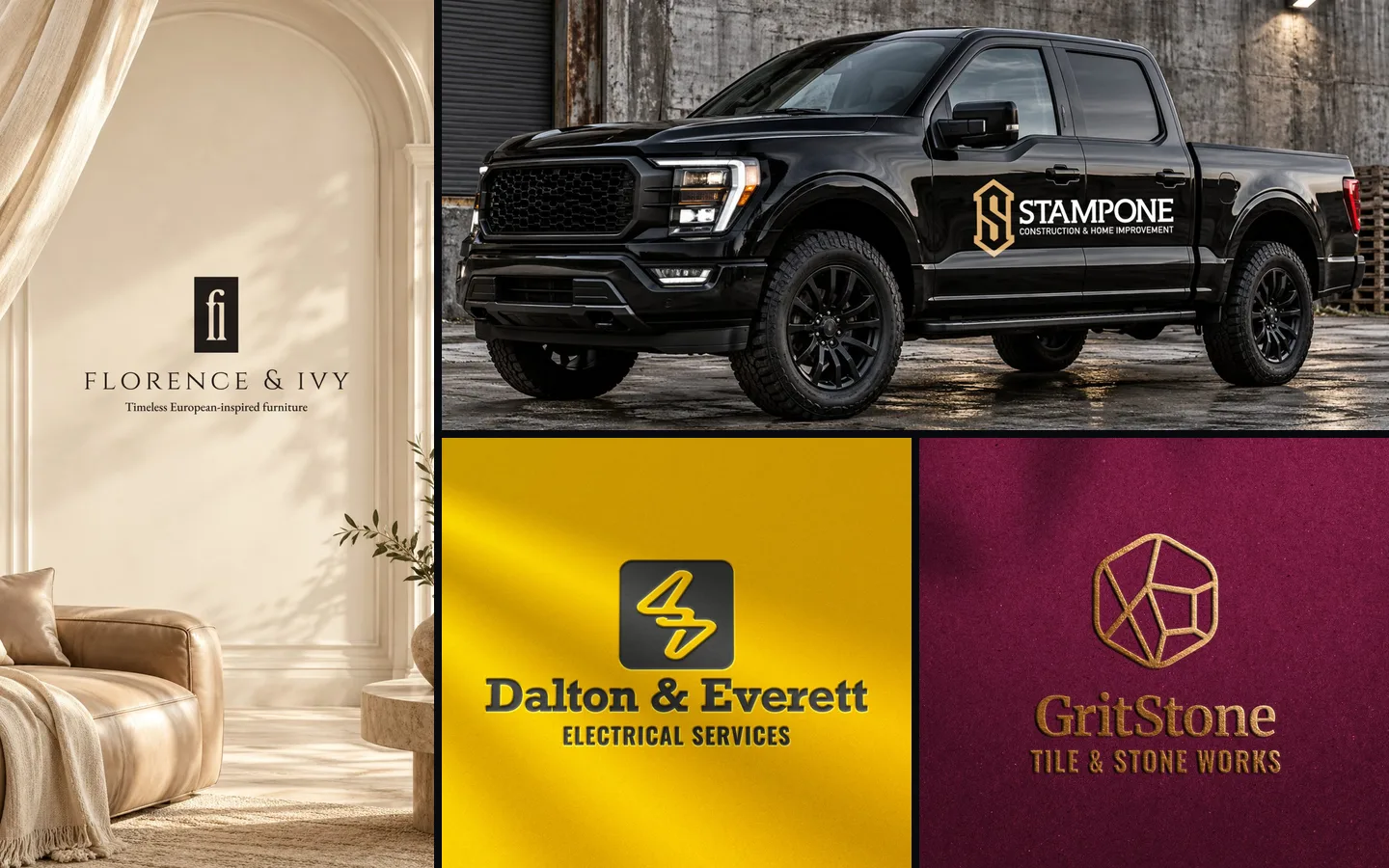 A montage of Cyborg identity work: Florence & Ivy, Stampone on a pickup truck, Dalton & Everett Electrical and GritStone Tile & Stone Works