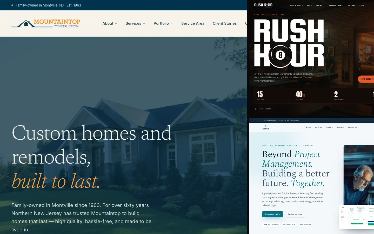 Three Cyborg websites side by side: Mountaintop Construction, Rush Hour and OnIndus