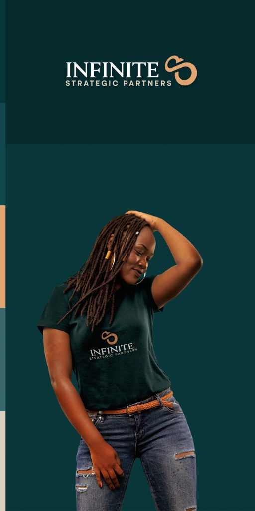 Infinite Strategic Partners brand system shown on a teal layout and a branded T-shirt