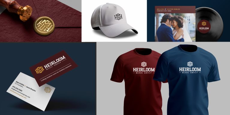 Heirloom Music Group identity across a wax seal, business cards, a cap, a record and T-shirts