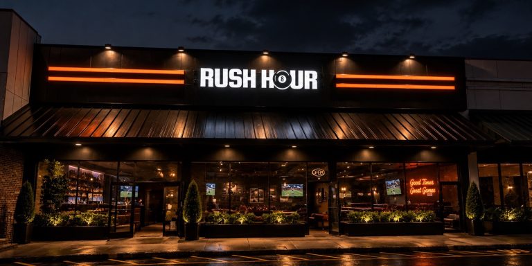 Rush Hour Billiards identity on an illuminated sign over a bar storefront at night