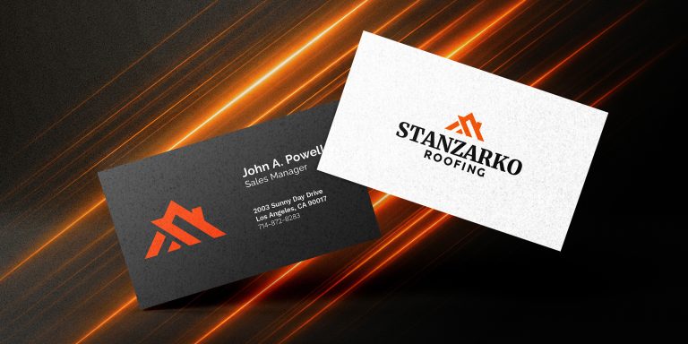 Stanzarko Roofing logo on a pair of business cards